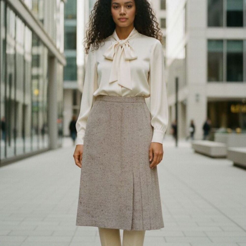 Vintage Christian Dior High Waisted Academia Midi Skirt Womens 12 Neutral Tweed